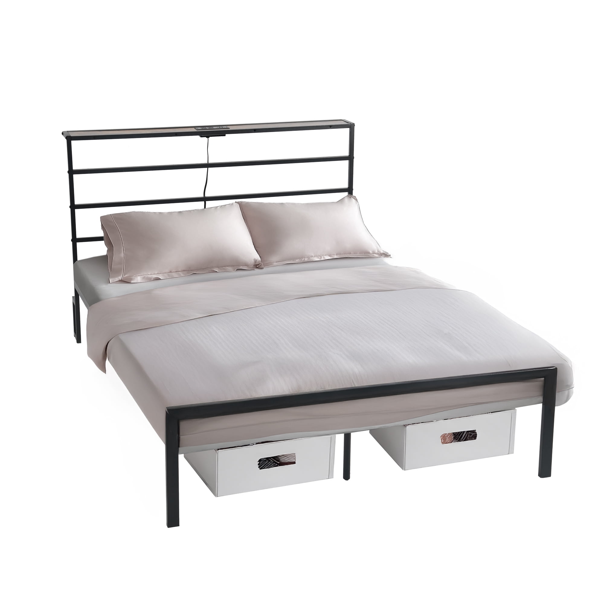Homy Casa Full Size Metal Bed Frame with Headboard, Built-in Power Outlet, Sturdy Support for Single Beds, Black