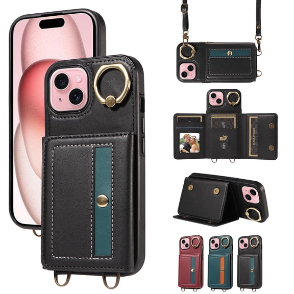 Compatible with iPhone 13 Case Wallet Card Holder Leather PU Cover Folio Lanyard Crossbody Strap Women Girl Magnetic Clasp Kickstand Ring Holder Shockproof Protective Case,Black