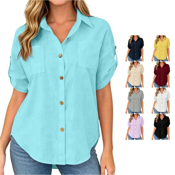 FINALGANG Womens Lapel Collar Roll Tab Short Sleeve Solid Color Dual Bust Pocket Curved Hem Loose Button Down Shirt Relaxed Fit For Ladies Office Daily Outdoor Outing Blue M