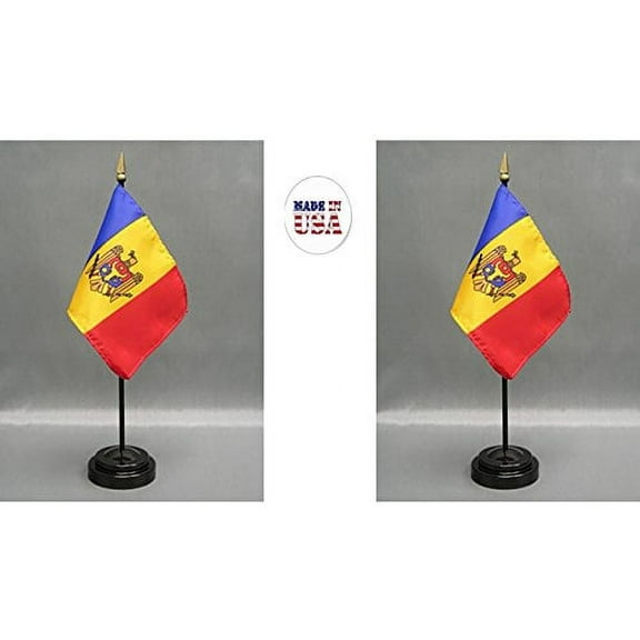 Moldova Desk Flag Set; Two 4x6 inch American Made Table Flags with Two Bases