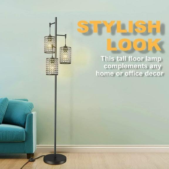 Industrial Crystal Tree Floor Lamp 3-Light Standing Pole Light for Living Office