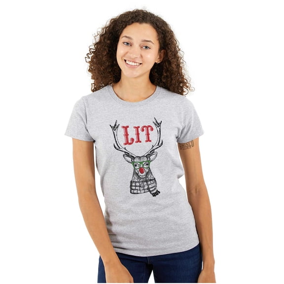 Funny Christmas Hipster Reindeer Lit Womens Fitted Plus Size Graphic Tee Brisco Brands 2X