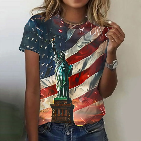 Cavosen Red White and Blue Clothes for Women Petite 4th of July Short Sleeve Crewneck Tops USA Star Striped Print T Shirts Lady XL Red White and Blue Casual Shirts Patriotic Tunic Tees