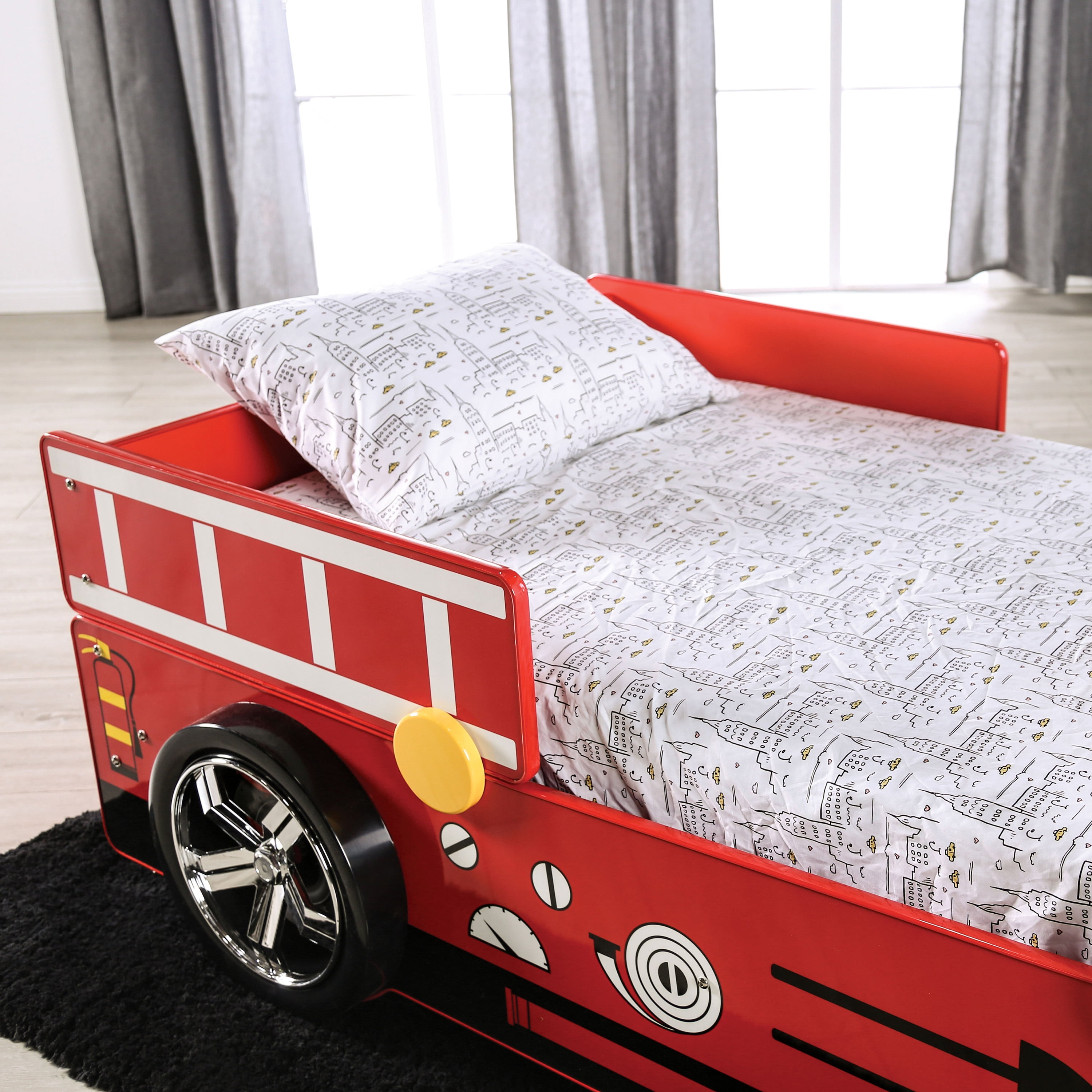 Furniture of America Marshal Kids Wood Twin Fire Truck Bed