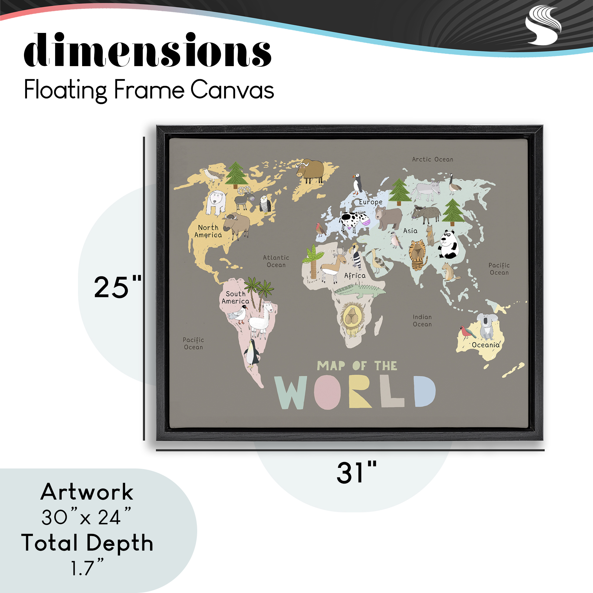 Kid's Map Of World Brown Black Framed Floater Canvas Wall Art, design by Carla Daly