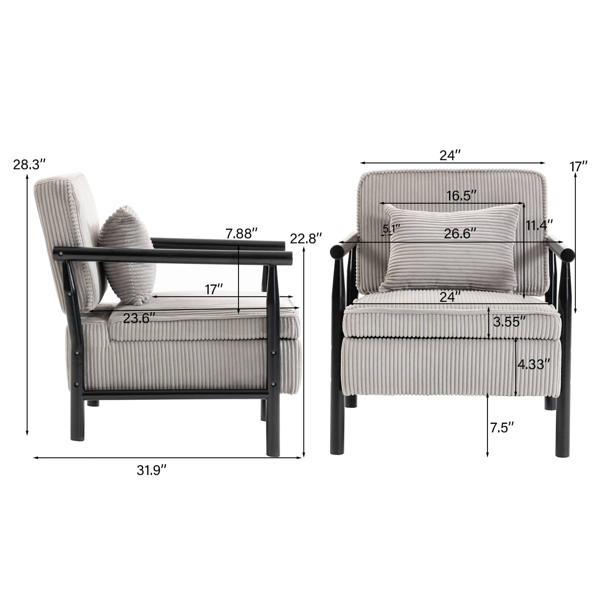 Mid-Century Accent Chair with Storage, Modern Comfy Reading Armchair with Lumbar Pillow for Living Room, Grey