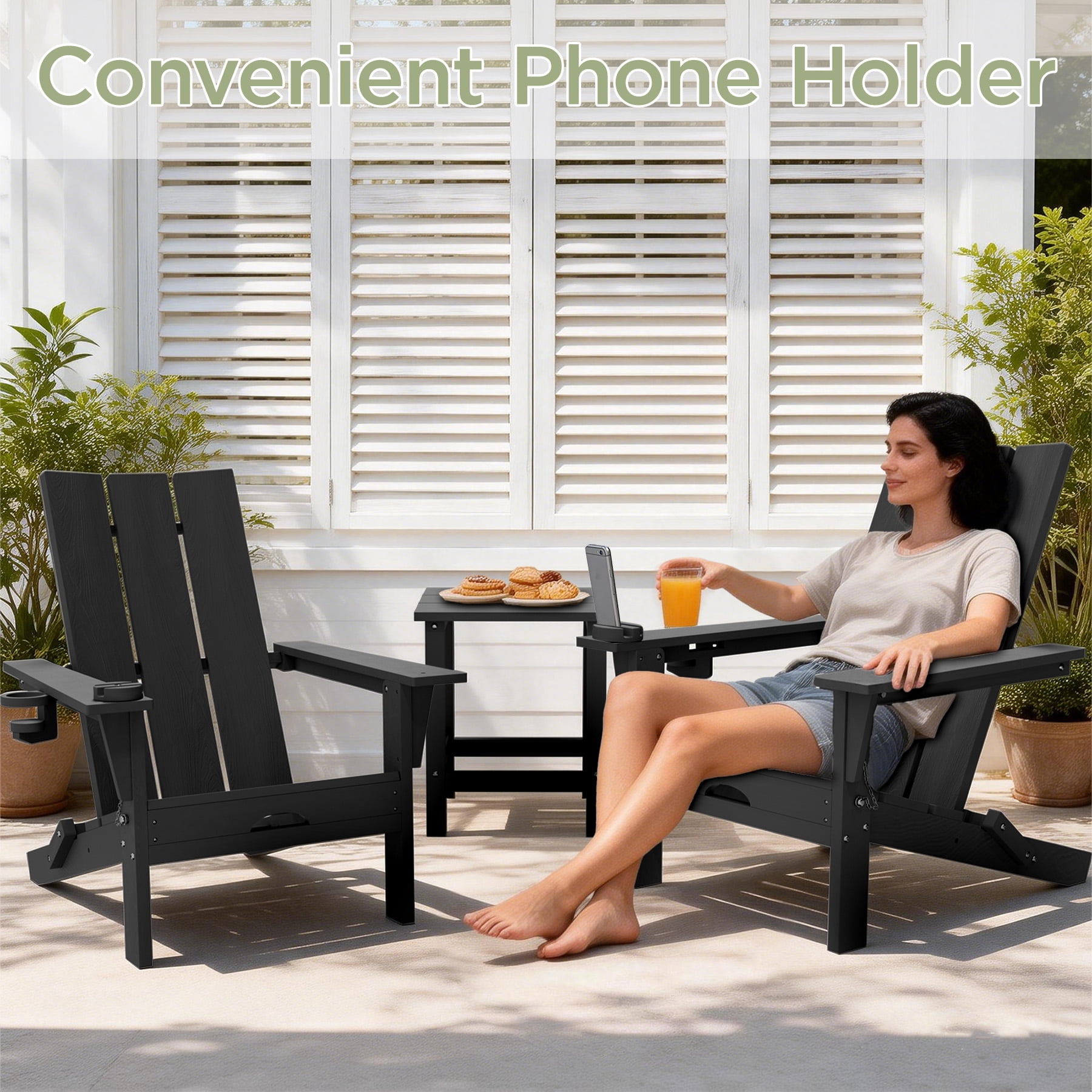 Tappio Folding Adirondack Chair All Weather HDPE Outdoor Patio Chairs with Detachable Multifunctional Holders and Cup Holders, Fire Pit Chairs for Yard Garden Poolside, Black