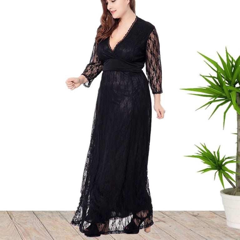 Fesfesfes Plus Size Dress for Women 3/4 Sleeve V Neck Lace Splicing Evening  Dress Wedding Guest Dress Sheer Lace Patchwork Long Dress Oversize Spring  Evening Gowns - Walmart.com