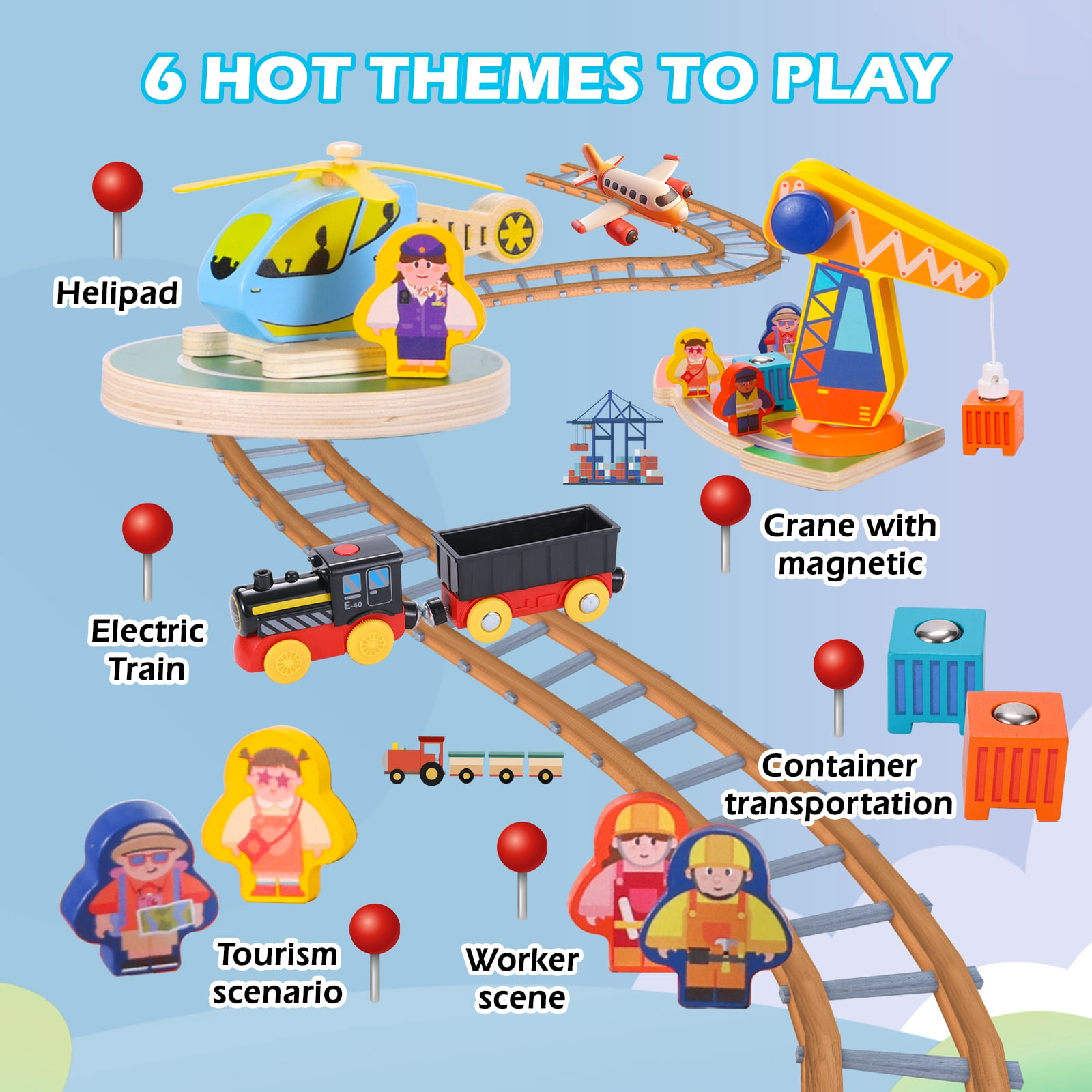 UDEAS 120Pcs Wooden Train Tracks Set, 398-inch Track Expansion, Toddler Railway Bridge Toy Train Set with Airplane and Magnetic Crane, Birthday Gifts for Boys and Girls