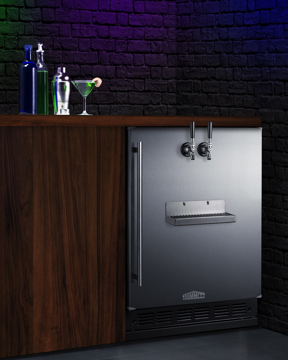 Commercially listed 5.5 cu.ft. built-in undercounter beverage center in a 24" footprint, with black cabinet, glass door, stainless steel handle, and lock