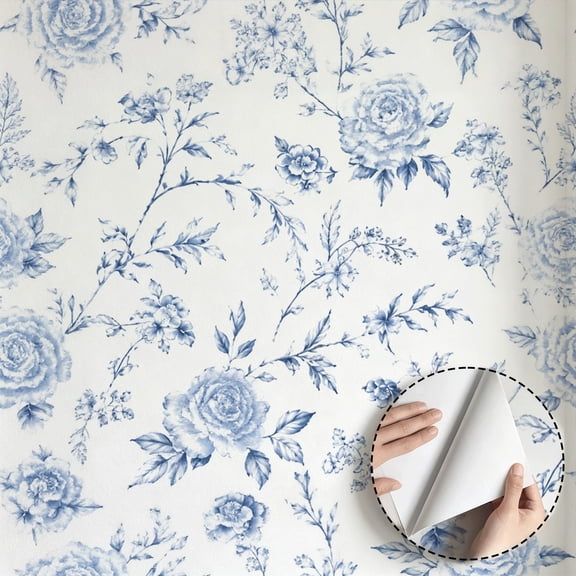 Blue Floral Wallpaper Vintage Aesthetic Peel and Stick Wallpaper Waterproof Wall Decoration for Living Room Bedroom Bathroom Kitchen Cabinet Drawer 17.7 * 78.5 in Contact Paper Roll