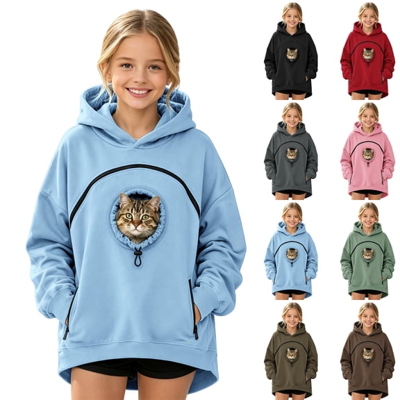 Cat Pouch Hoodie for Kids Girls Boys Pet Carrier Oversized Kangaroo Pocket Pullover Tops Dog Hoodie with Pouch Fleece Soft Animal Holder Warm Winter Hoodie Sweatshirts