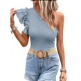 thumbnail image 2 of Camisas de Mujer con Volantes, Corta, Hombros Descubiertos, Corte Entallado, Cuello Alto, Punto Acanalado Azul L, 2 of 8