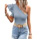 thumbnail image 2 of Camisas de Mujer con Volantes, Corta, Hombros Descubiertos, Corte Entallado, Cuello Alto, Punto Acanalado Azul XL, 2 of 8