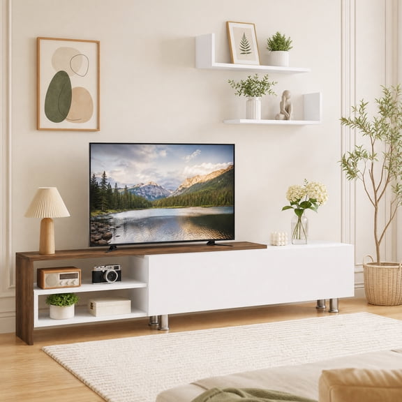 Farmhouse TV Stand for 65-80 inch TV, Wood Entertainment Center with Cabinet and Compartments for Living Room, White