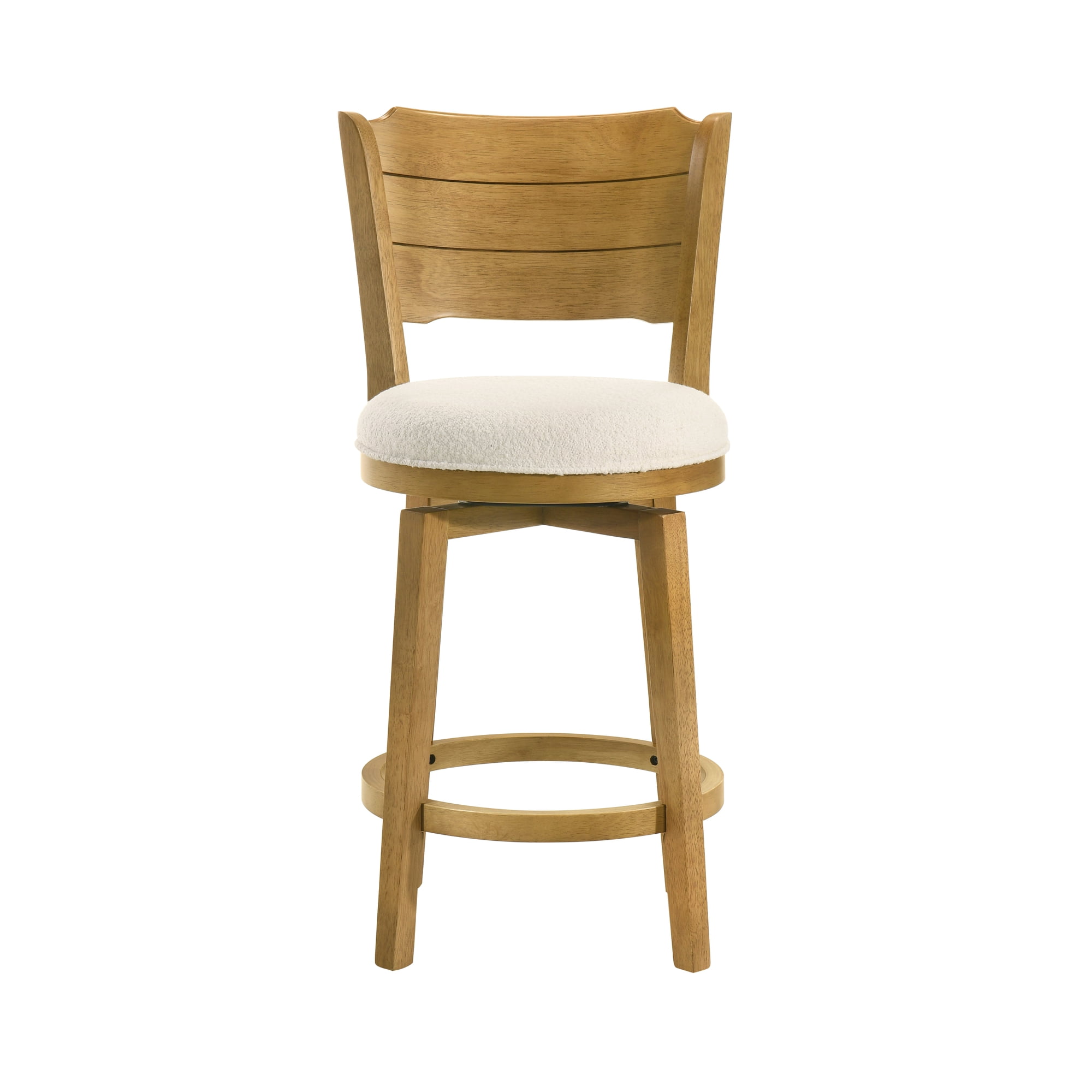 Winsley Coastal Modern Swivel Wood Counter Height Kitchen Bar Stool in Amber Glow Finish with White Boucle Fabric Upholstered Seat - Set of 3