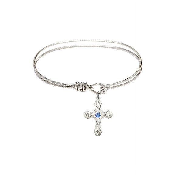 7 1/4 inch Oval Eye Hook Bangle Bracelet w/ Cross medal charm w/ September Blue Swarovski Crystal