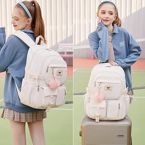 AO ALI VICTORY 3 Piece Backpack Set Laptop Backpack 15.6 inch Junior High Backpack College Backpack Anti-theft Travel Backpack Large Teenage Ladies（White)