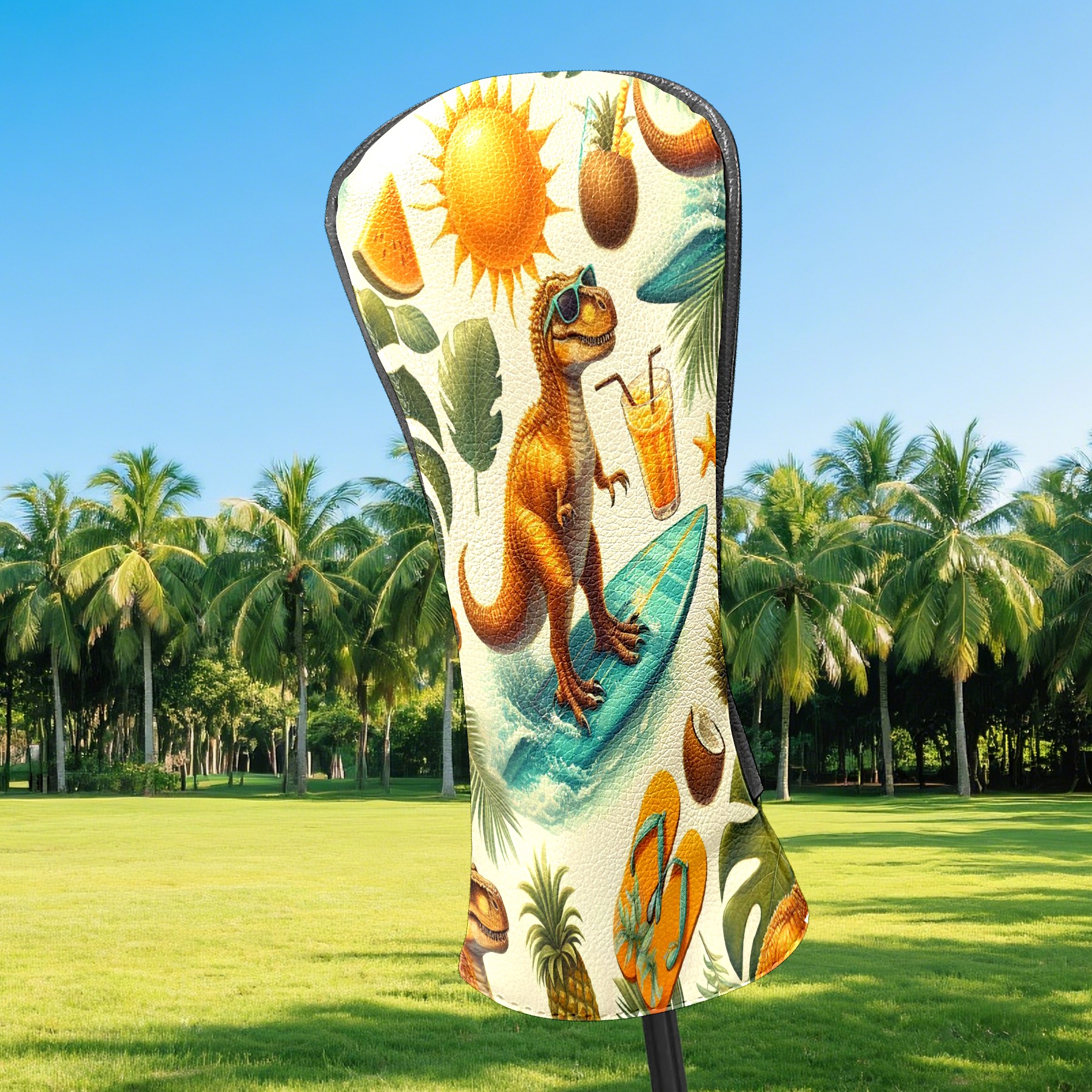 Golf Club Covers, Bright Dinosaur Surf Premium PU Leather Driver Hybrid Putter Head Covers with Velvet Lining, Waterproof Golf Gifts for Men Women