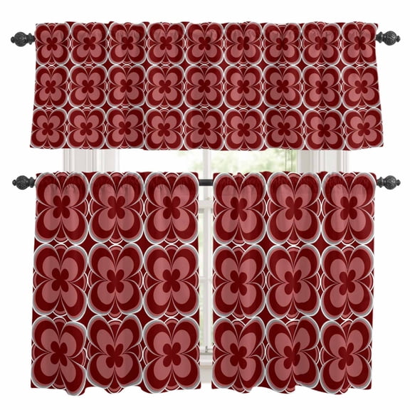 Red Boho Kitchen Curtains Sets for Windows 36 Inch Length, Vintage Country Ethnic Abstract Flowers Art Rod Pocket Window Treatments Tier Curtains and Valances Set for Bedroom/Bathroom