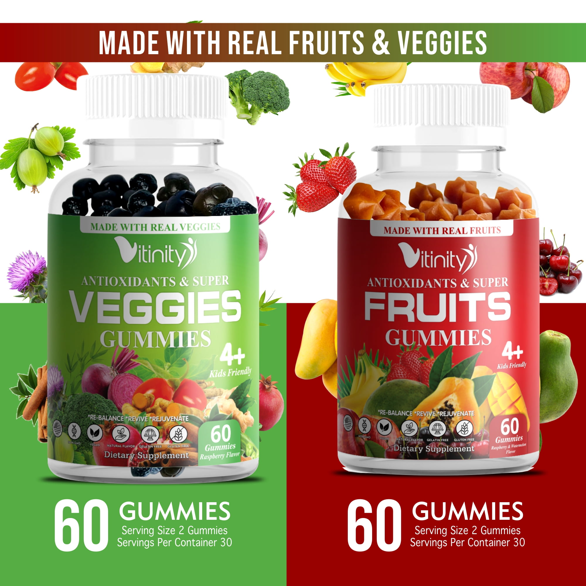 VITINITY Fruits and Veggies Gummies - Superfood Vegetable Vitamin Supplement for Women and Men - with a Blend of Fruit and Greens for Daily Health