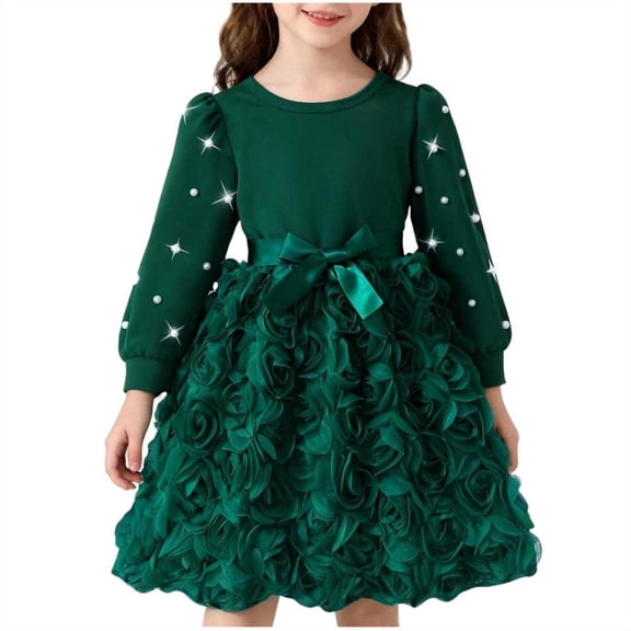 Girls Emerald Green Long Sleeve Party Dress with 3D Flowers, Fluffy Princess Dress for Birthday Christmas Holiday,Size 7-8 T