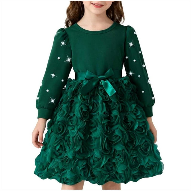 EGNMCR Longues Robe à Manches à Col Rond pour Enfants, Couleur Unie, Robe à Col Rond à Manches Longues pour Filles, Jupe Décontractée et Confortable en Tulle avec Nœud, Robe en Polyester pour Fille