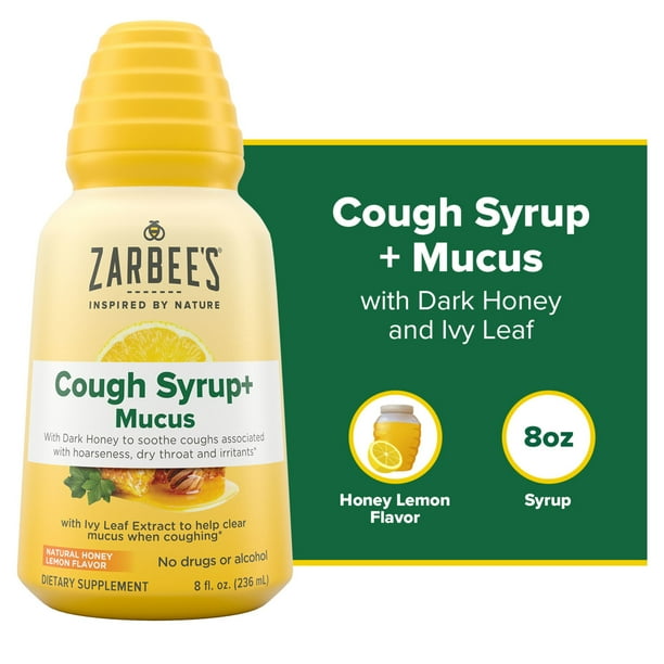Zarbee's Cough Syrup + Mucus with Honey, Natural Honey Lemon Flavor, 8