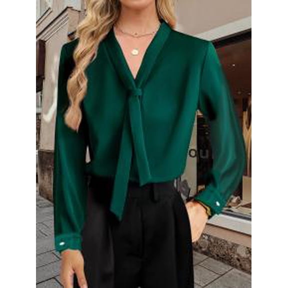 Chiffon Blouses for Women Dressy V-Neck Ribbon Long Sleeve Work Shirt Formal Casual Wear