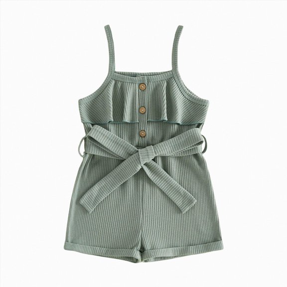 Baby Ribbed Strap Romper with Ruffle Trim and Tie Waist,Summer Outfit