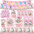 thumbnail image 2 of Kit de suministros para decoración de fiestas de cumpleaños de niñas con temática de Hello Kitty, vajilla de papel, platos y vasos de papel, globos y recuerdos para niños, 2 of 5