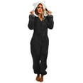 thumbnail image 3 of Jinhomg Womens Plus Size Fleece Onesies Winter Thicken Fuzzy Sherpa Jumpsuit Trendy Block Color One Piece Pajamas with Cute Bear Ear Hood Black XXXXXL, 3 of 9