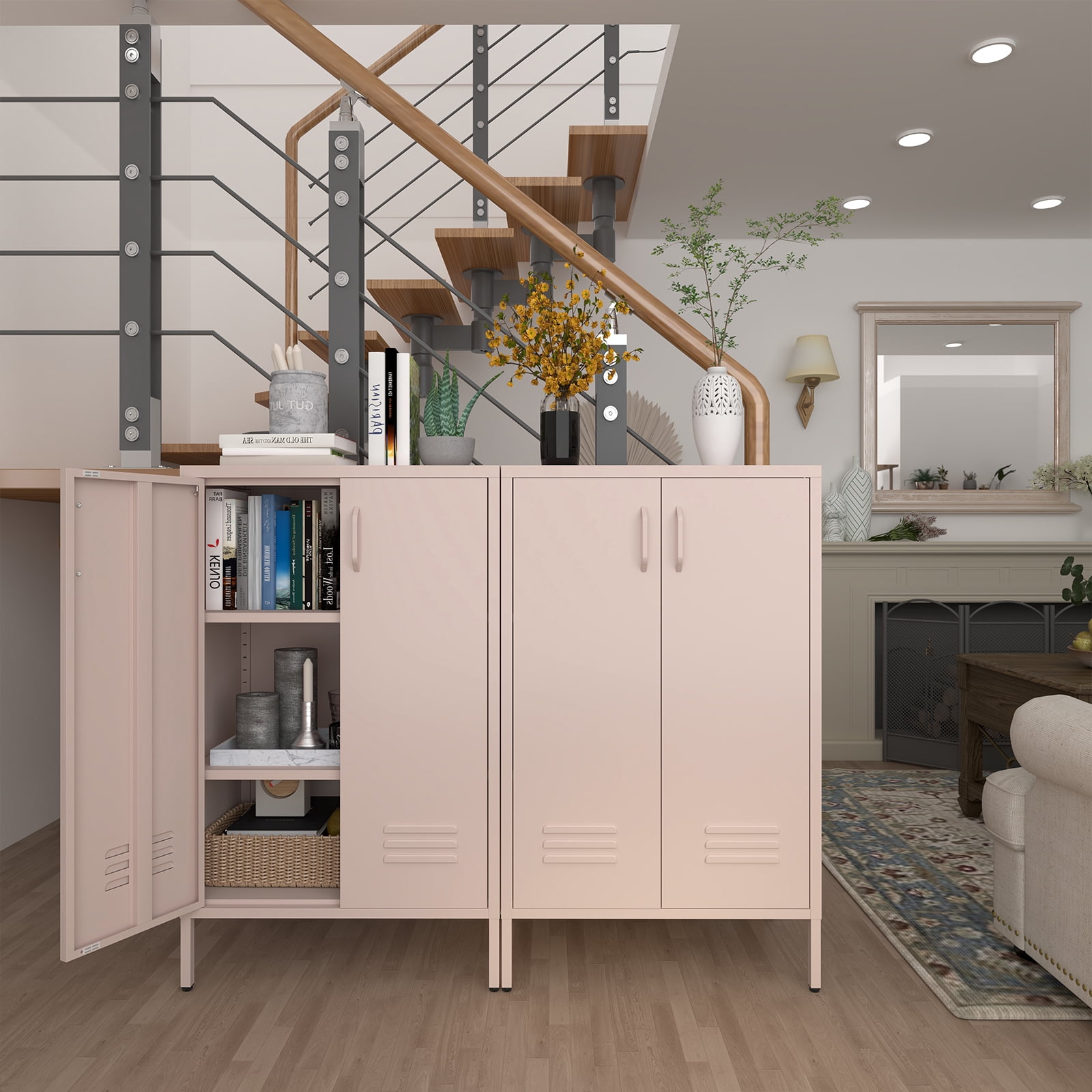 Marcree Metal Storage Cabinet, 2 Doors Accent Cabinet, Sideboard Cabinet with Adjustable Shelves, Morden Locker Cabinets with Feet for Living Room, Kitchen Pantry, Office, Pink