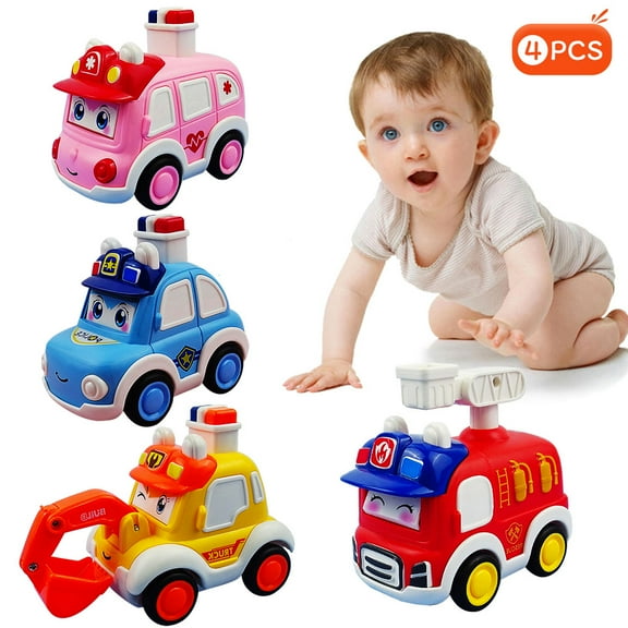QJUHUNG 4pcs cartoon cute face changing press children's fun toy car for Infant 36 Months Kids Boy (1 * small police 1 * ambulance 1 * engineering vehicle 1 * fire truck)