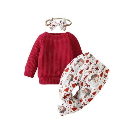

Baby Girls 3Pcs Christmas Outfit Solid Color Waffle Long Sleeve Sweatshirts+Santa Print Long Pants+Headband