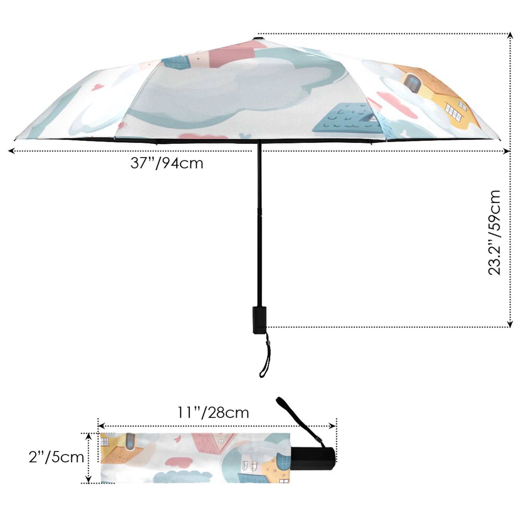 Cute Houses in The Clouds Hearts All Weather Umbrella Triple Folding Parasol 6 Ribs UV Protection Portable