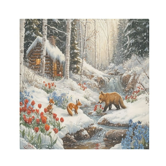 BZSMCE Satin Native Fab Cotton Dinner Napkin Winter Forest with Animals Reusable