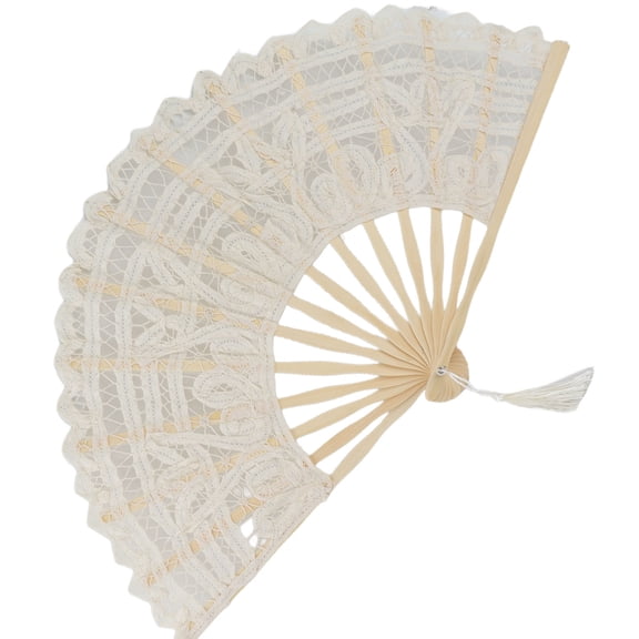 M Buder Handheld Hollow Lace Bamboo Folding Fan with Tassel Vintage Style Decorative Hand Fan for Wedding Performance Dance Gift, Beige (10.6 inches / 27 cm)