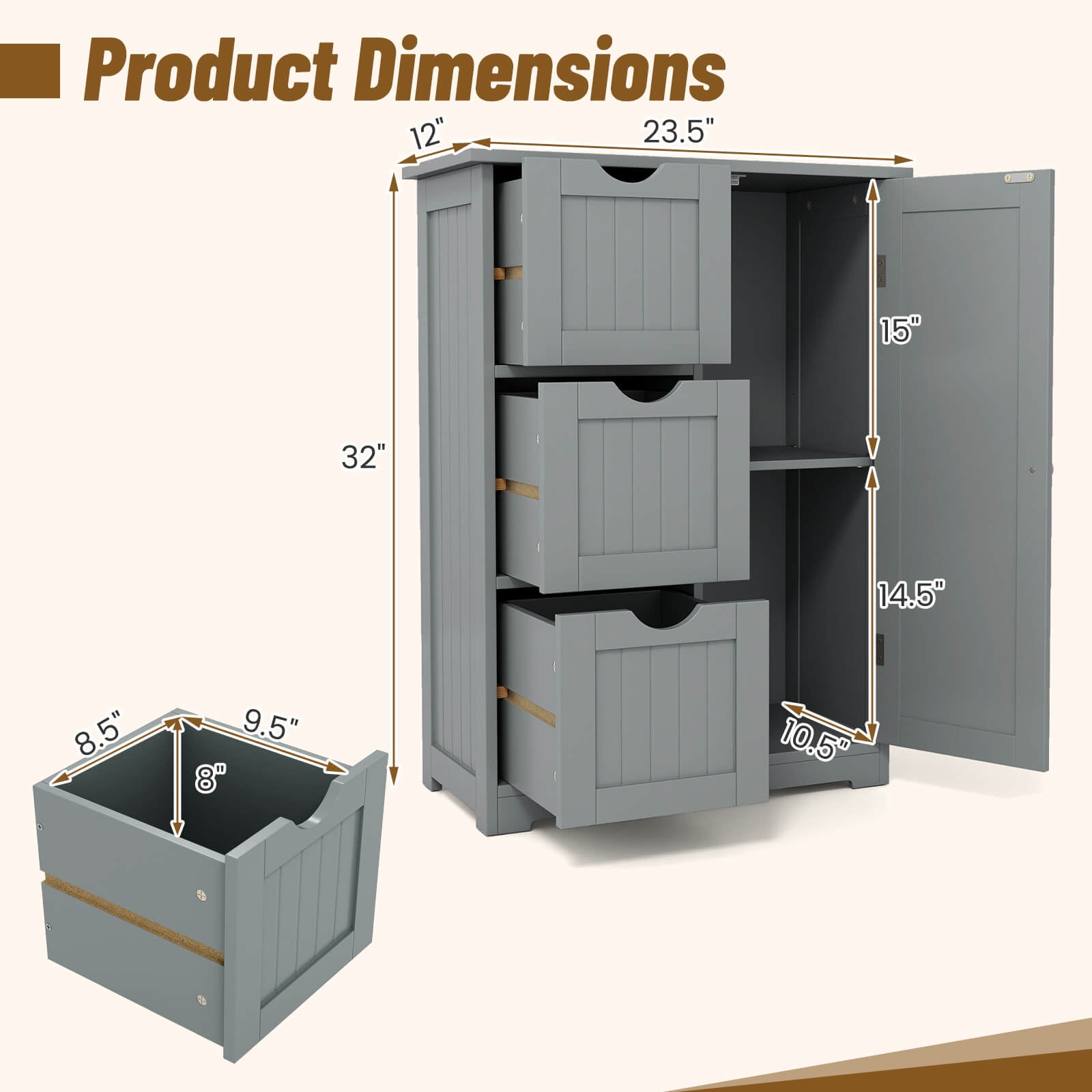 Costway Bathroom Floor Cabinet Side Storage Cabinet with 3 Drawers and 1 Cupboard Grey