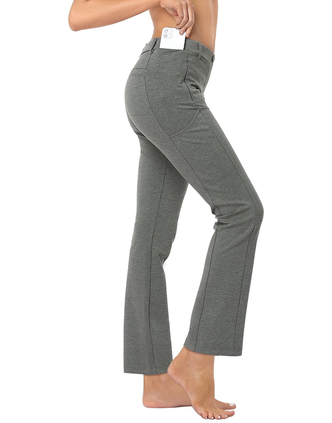 HDE Yoga Dress Pants for Women Straight Leg Pull On Pants with 8 Pockets Heathered Charcoal - L Long