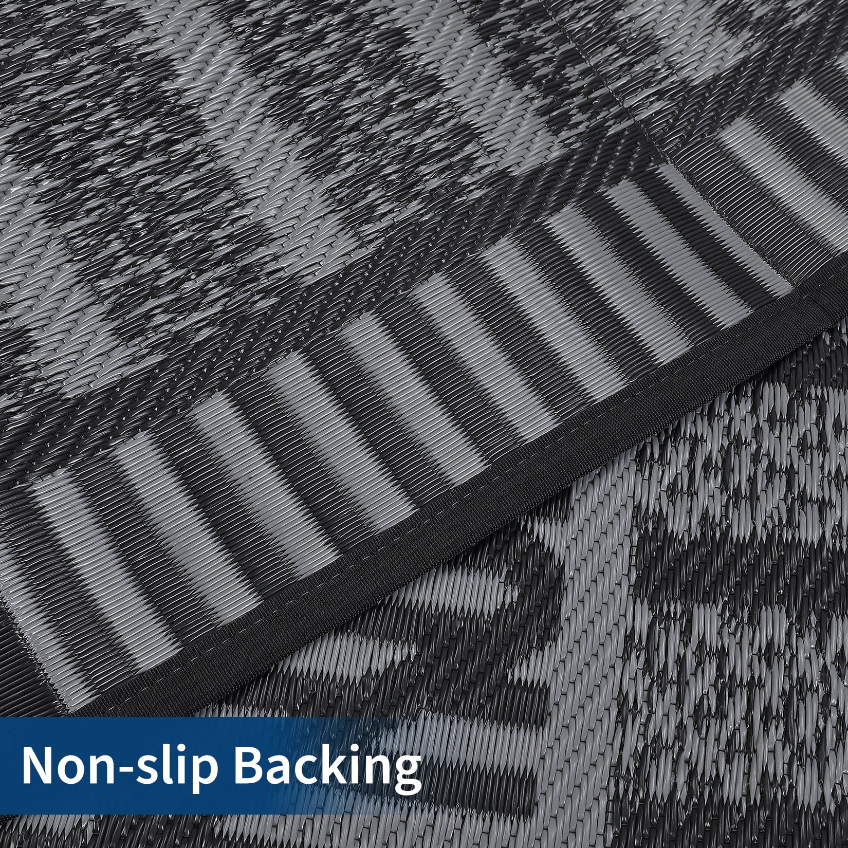 HIWEAVER 9' x 18' Gray/Black Outdoor Rug PP Plastic Straw Woven Waterproof Patio Rug with Border Portable Outside Carpet for Balcony Deck Picnic Garden Decor