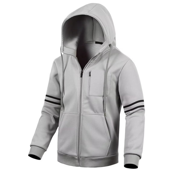 Chrisuno Men's Lightweight Fleece Long Sleeve Full-Zip Plus Size Hooded Sweatshirt Workout Jackets Light Grey M