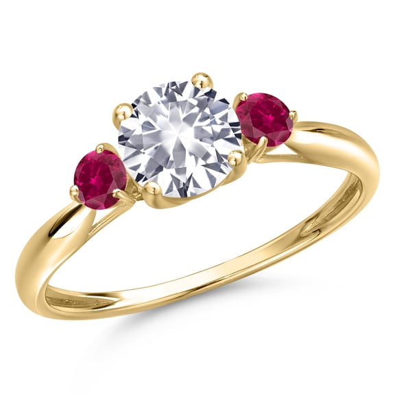 Gem Stone King 10K Yellow Gold White Created Sapphire and Red Created Ruby 3-Stone Ring for Women | 1.28 Cttw | Round 6MM | Gemstone September Birthstone | Size 9