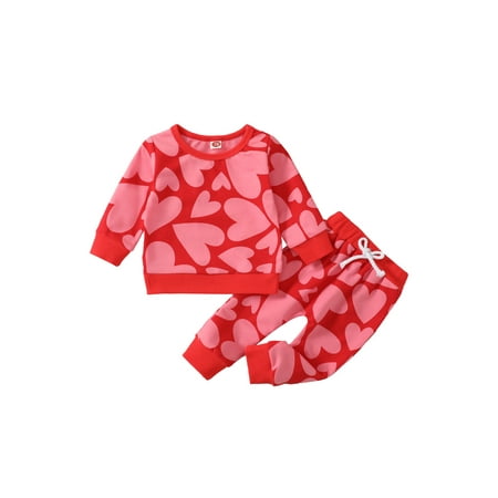 

Sunisery Toddler Baby Girls Valentine s Day Outfits Heart Print Long Sleeve Sweatshirts Tops + Elastic Waist Long Pants Red 0-3 Months