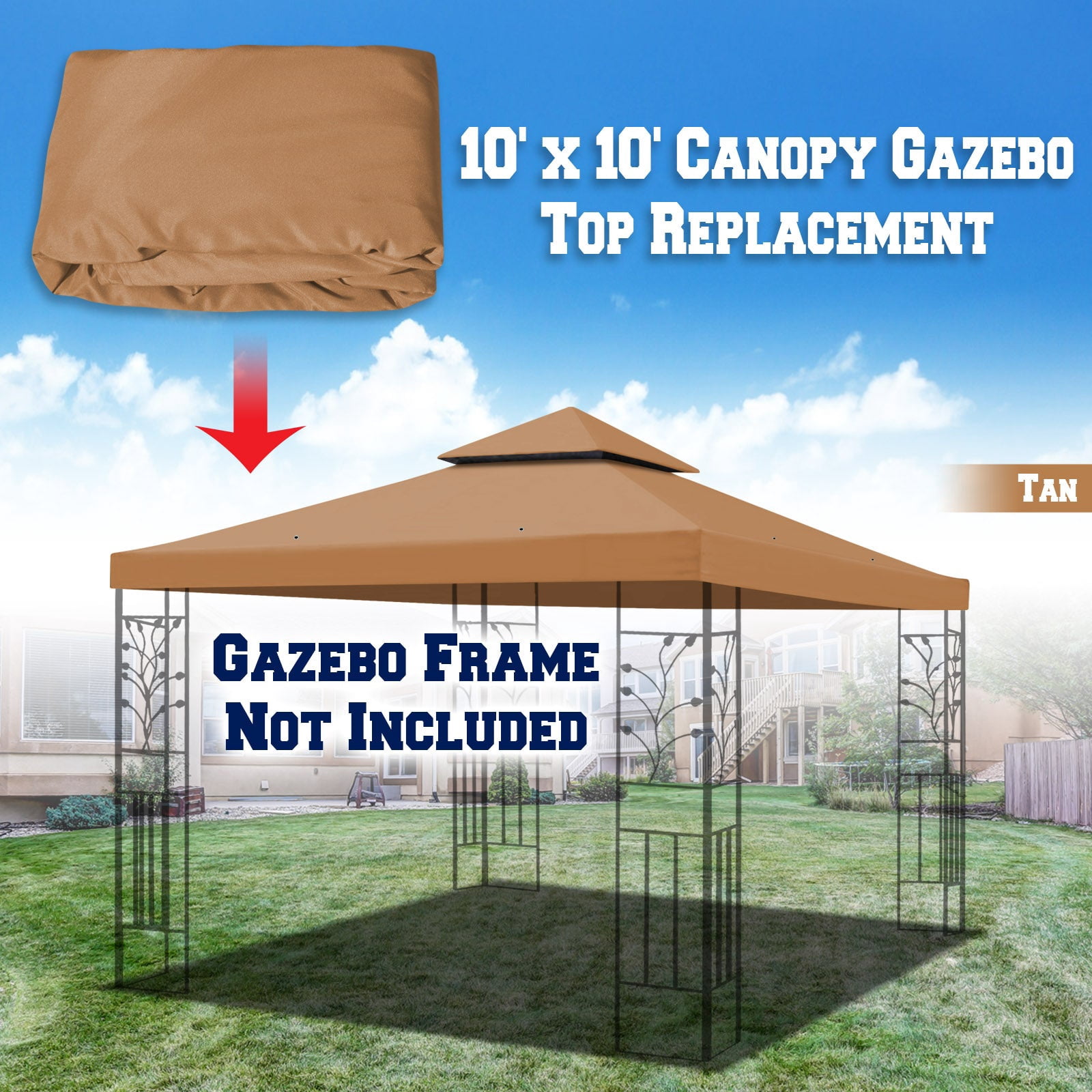 SUNNYOUTDOOR 10x10 FT Gazebo Replacement Top 2-Tiers Canopy Replacement Cover Double Tiered Replacement Canopy Top Cover (Tan)