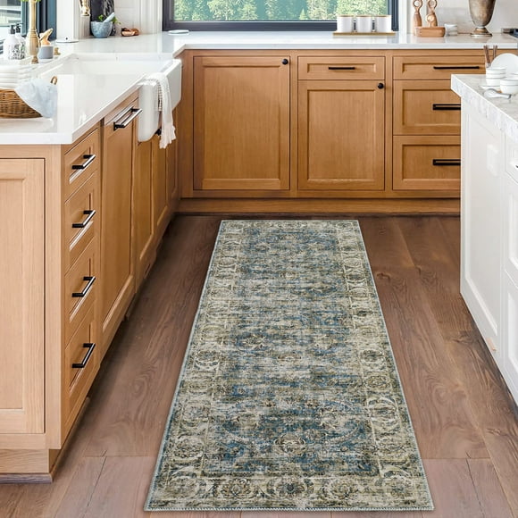 Hasoo 2' x 6' Modern Runner Rug for Hallway Bedroom Floral Pattern Washable Soft Indoor Carpet, Blue