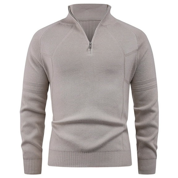 SERTG Men's Knit Sweater Fall Winter Solid Color Semi High Zipper Collar Zipper Front Stretch Thickened Fleece Lined Long Sleeve Top(Khaki,M)