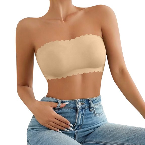 Under $5 Womens Underwear Women Solid Seamless Ice Silk Strapless Bra Anti-Slip Gathering Bandeau Bra With Wavy Trim Comfort Skin-Friendly Slimming Support Brassiere Gkeoshab