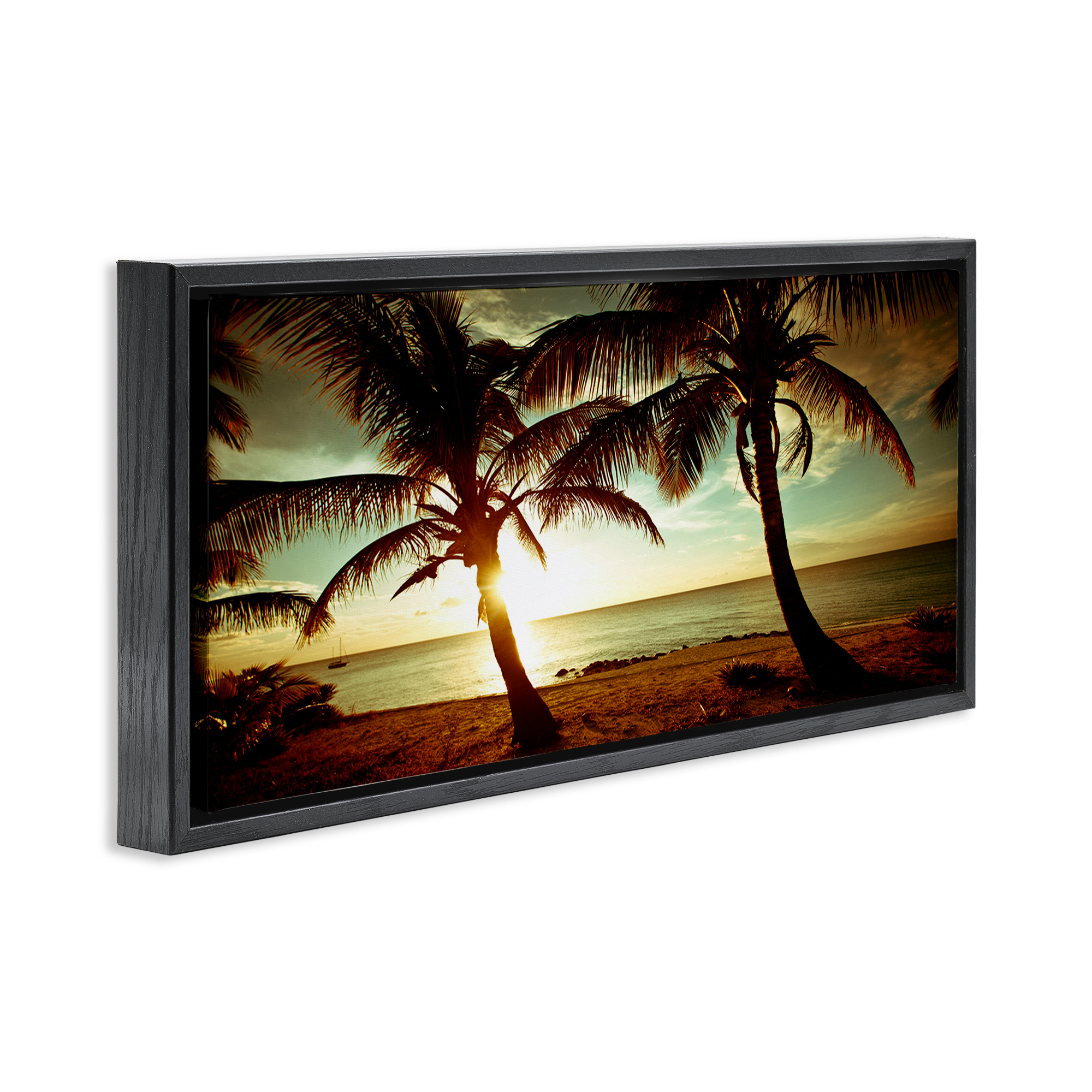 Stupell Industries Sunlit Palm Trees Coastal Photography Black Floater Framed Canvas Art Print Wall Art, 31 x 14
