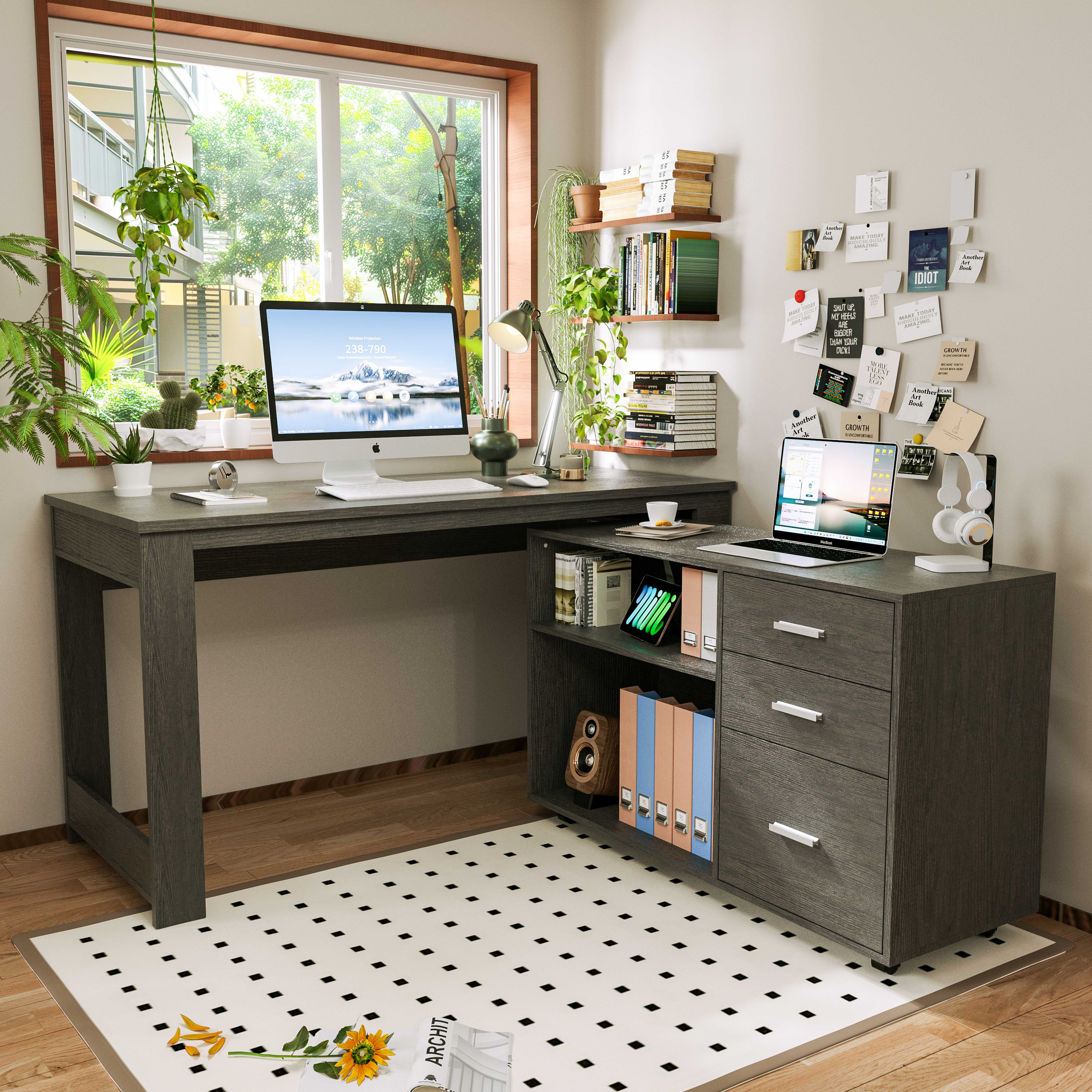 Joywind 55" L Shaped Corner Office Desk with File Cabinet & Wheels – 3 Drawers, 2 Shelves, Home Office Computer Desk with Storage, Gray